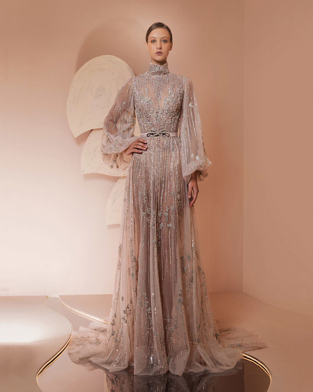 Fully beaded dress with long puff sleeve