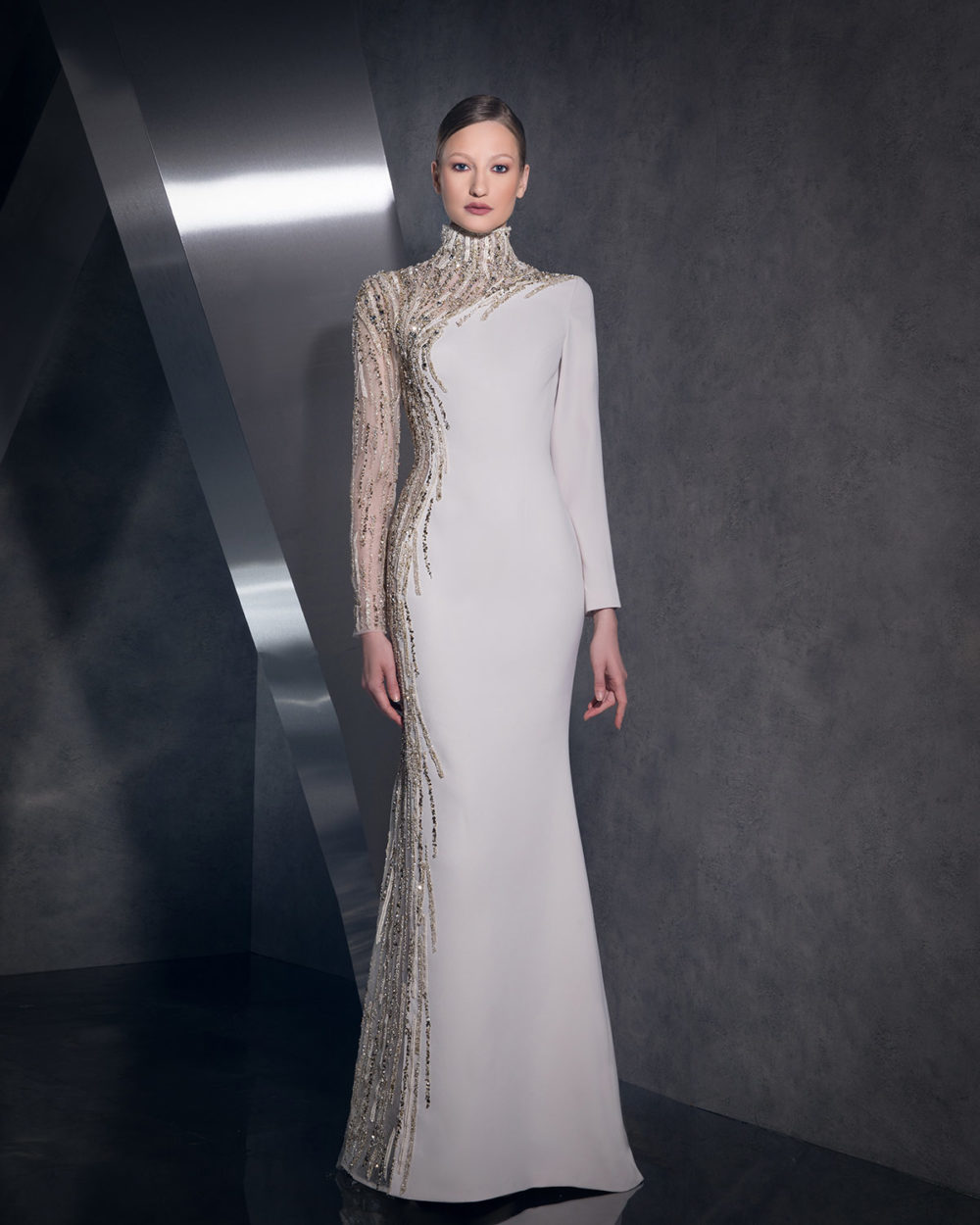 BEIGE CREPE EMBROIDERY HIGH NECK DRESS