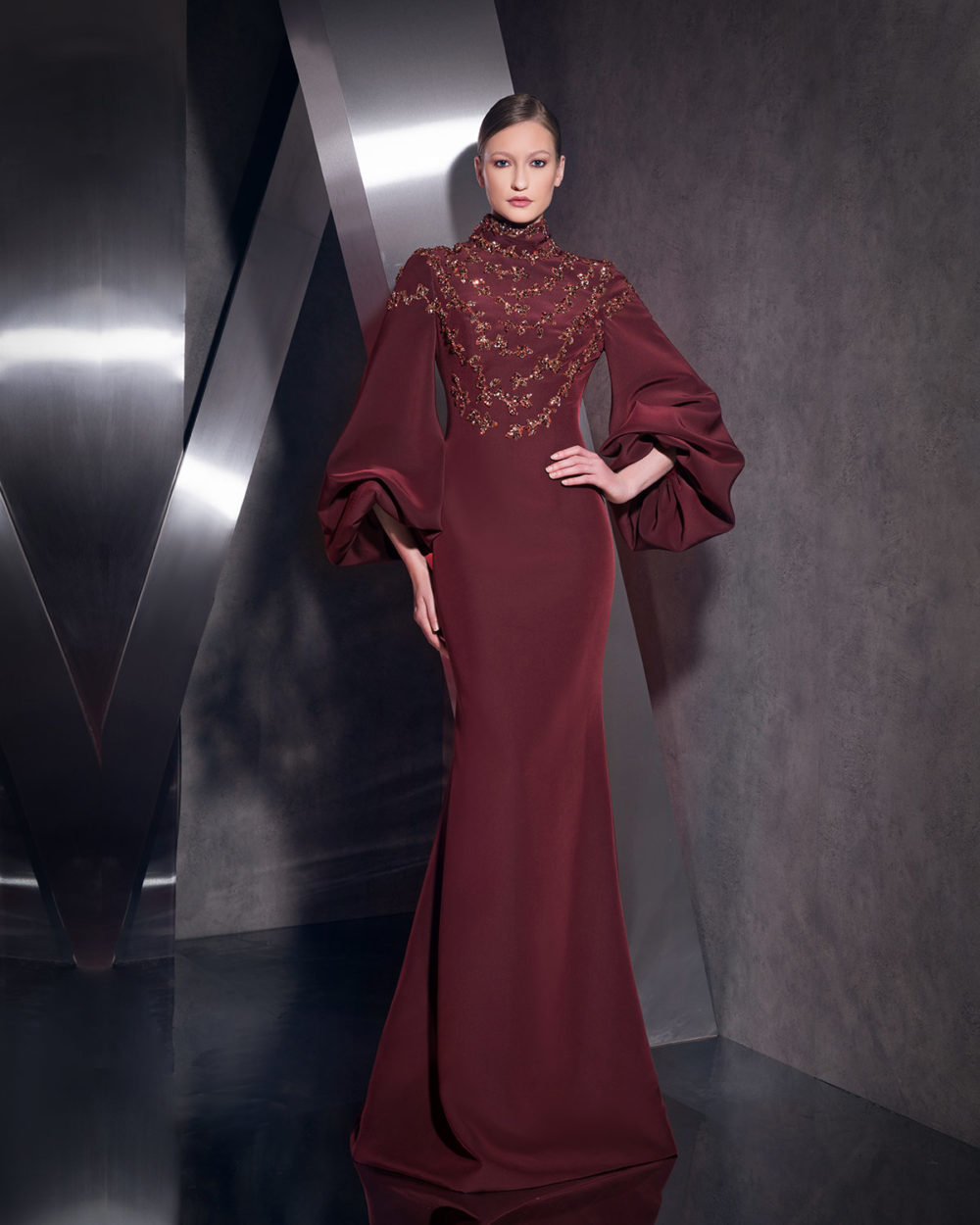 CREPE BURGANDI EMBROIDERY  DRESS WITH PUFFY SLEEVE