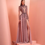 Pink beaded chiffon dress with slit