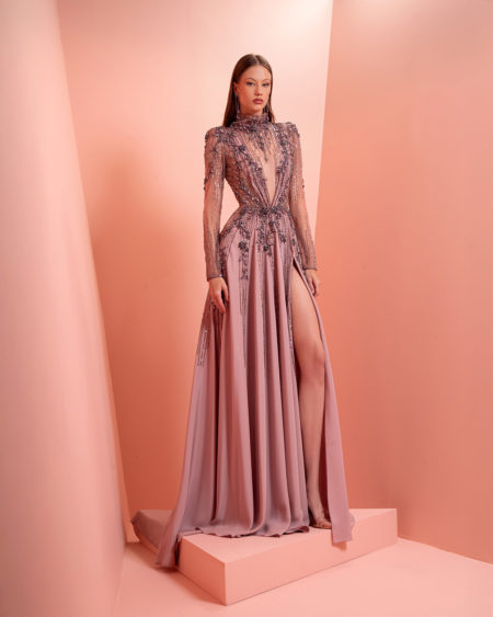 Pink beaded chiffon dress with slit