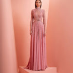 high neck embroidery pink dress with long sleeve