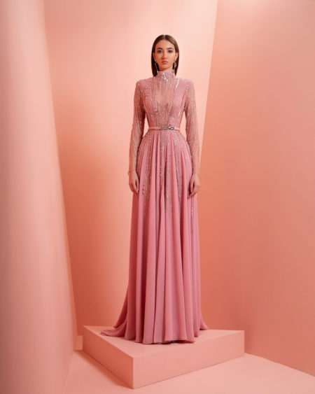 high neck embroidery pink dress with long sleeve