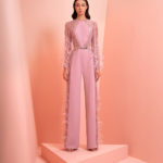 Pink embroidery jumpsuit with feather