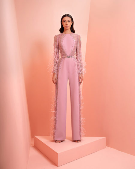 Pink embroidery jumpsuit with feather