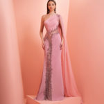 Crepe pink embroidery dress  with one shoulder cape