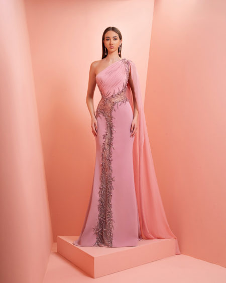 Crepe pink embroidery dress  with one shoulder cape