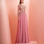 Pink beaded chiffon dress with long sleeve