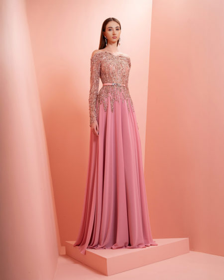 Pink beaded chiffon dress with long sleeve