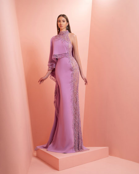 Crepe light purple dress with embroidery