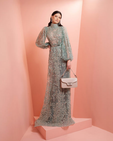 Fully beaded dress with puffy sleeve