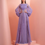 Chiffon purple embroidery dress  with puffy sleeve