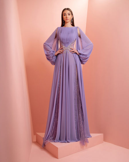 Chiffon purple embroidery dress  with puffy sleeve