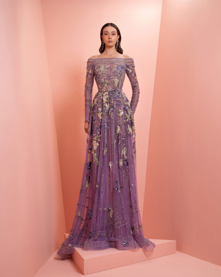 Fully Floral beaded purple dress  with green embroidery