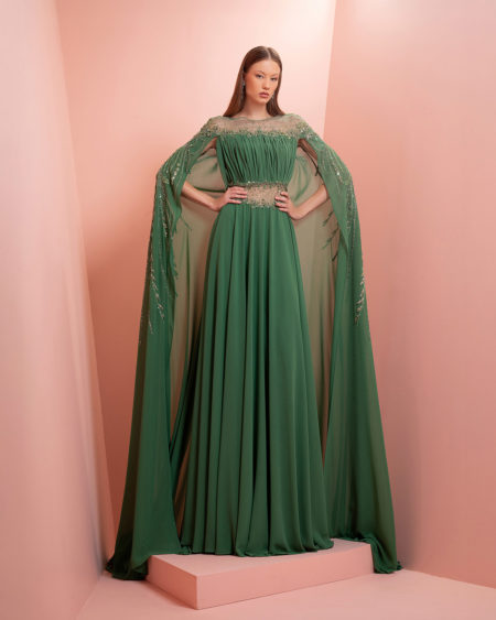 Muslin Green embroidery dress with  long sleeve scarves