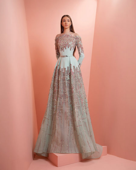 Mint Green beaded dress with Fushia embroidery