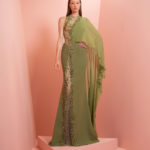 Olive Green embroidery dress with one shoulder muslin long scarf