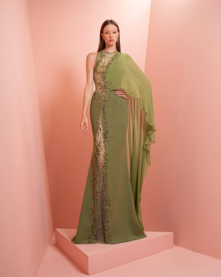 Olive Green embroidery dress with one shoulder muslin long scarf