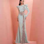 Mint Green long dress with Fushia embroidery and long sleeve