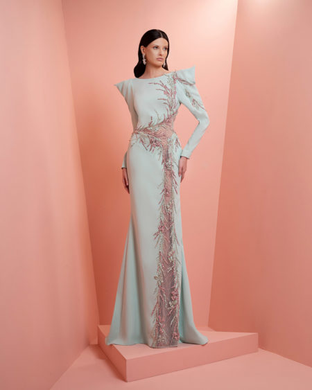 Mint Green long dress with Fushia embroidery and long sleeve