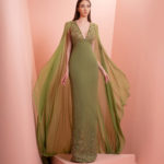 Olive Green Crepe dress with embroidery and two sides long muslin scarves