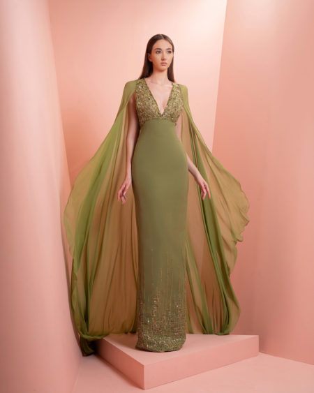 Olive Green Crepe dress with embroidery and two sides long muslin scarves