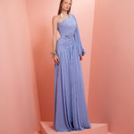 One shoulder blue long dress