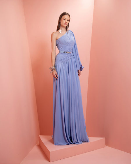 One shoulder blue long dress