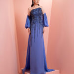 Blue long dress with black embroidery and puffy sleeve
