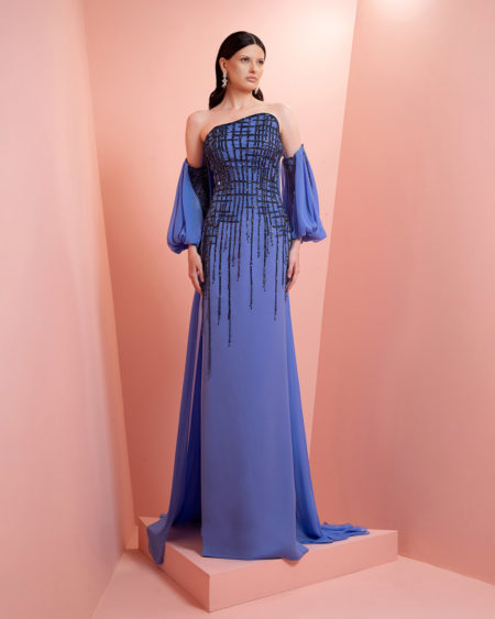 Blue long dress with black embroidery and puffy sleeve