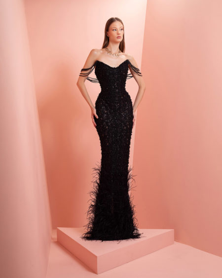 Black dress with black beaded and feathers