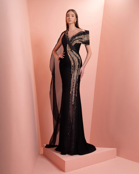 Black & Gold dress with muslin scarf