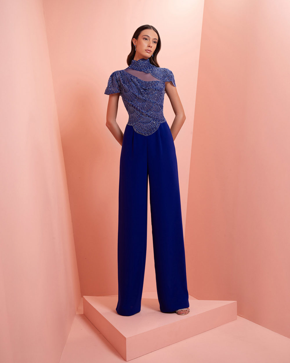 Indigo blue embroidery jumpsuit