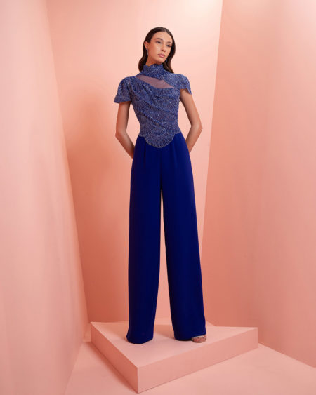 Indigo blue embroidery jumpsuit