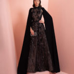 Black & pink gold beaded dress with  long cape