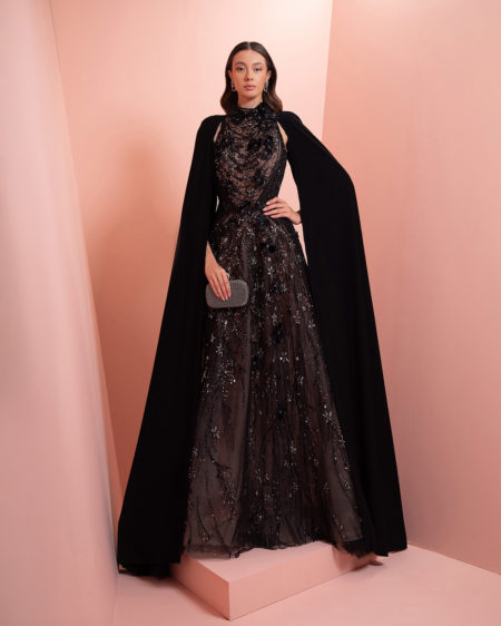 Black & pink gold beaded dress with  long cape