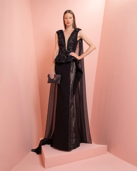 Black beaded dress with long  muslin scarves