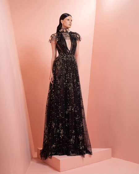 Beaded black & gold dress with high floral neck