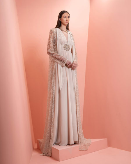 Beige long dress with fully beaded cape