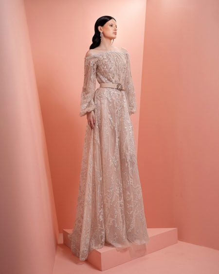 Fully beaded beige dress with long sleeve