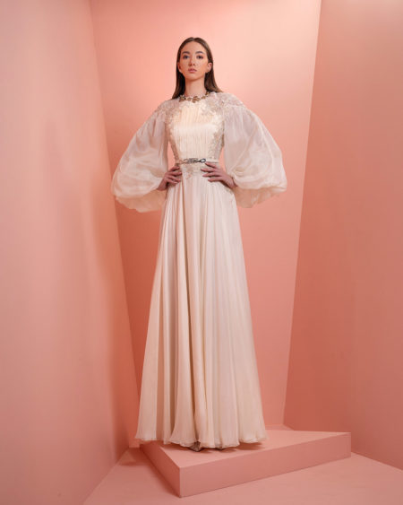 off- white dress with puffy lace sleeve