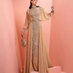 Dark Beige fully beaded dress with  muslin and long sleeve