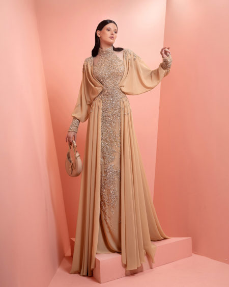 Dark Beige fully beaded dress with  muslin and long sleeve