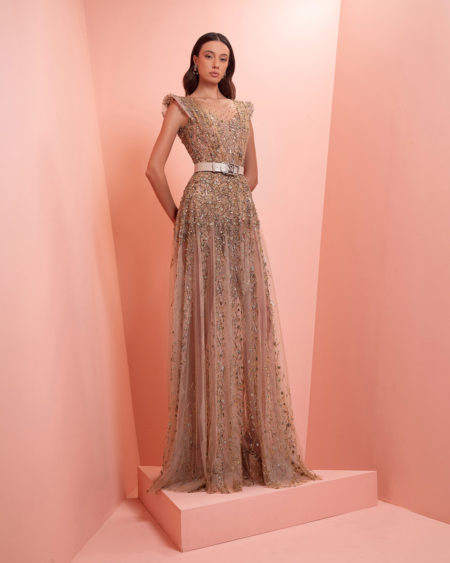 Fully beaded long dark beige dress