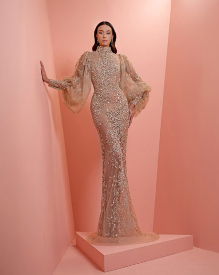 Fully beaded dress with puffy sleeve