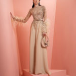 Beige embroidery dress with feather  on the sleeve cuff