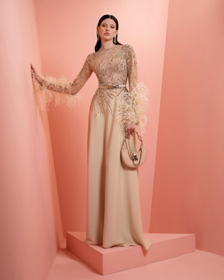 Beige embroidery dress with feather  on the sleeve cuff