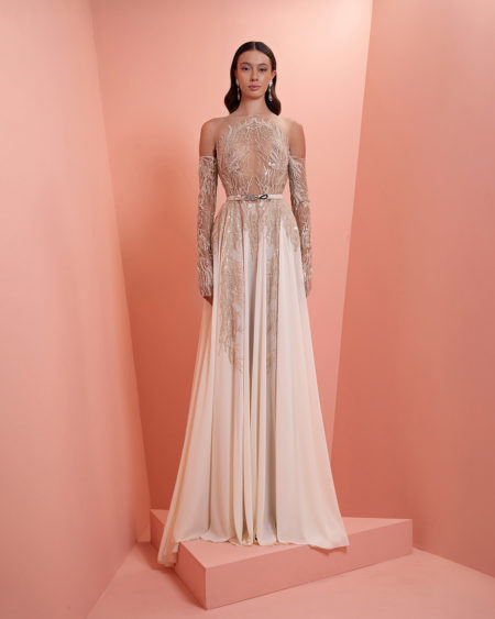 off- white beaded dress with beaded  gloves