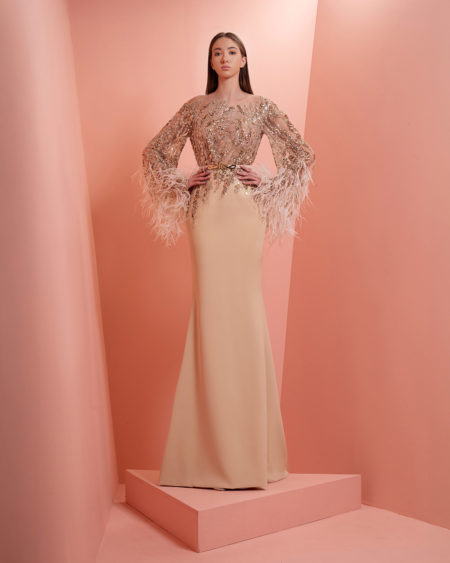 Beige beaded crepe dress with feathers  on the sleeve cuff