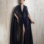 Navy tailored gown with a blazer-style bodice